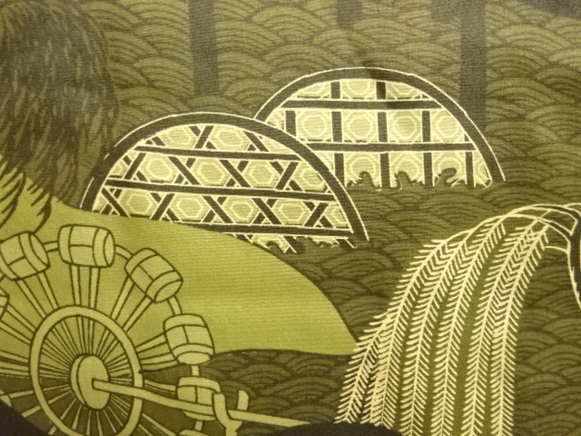 アンティーク　橋に柳・槌車模様肩裏紋付羽二重男物羽織